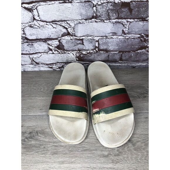 GUCCI Web White Rubber Logo Casual Slides Designer Sandals Men’s Sz 11M US/44EU - Picture 10 of 16